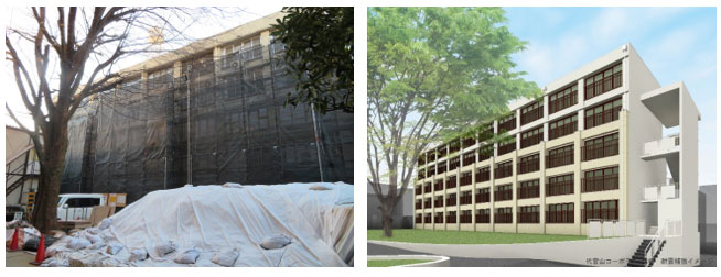 取材時のＮ棟の状況（左）と完成後のＮ棟のイメージ（右）